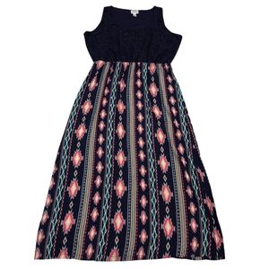 Just Be Maxi Dress Womens Sz 3X Sleeveless Navy Blue Lace Top & Multicolored